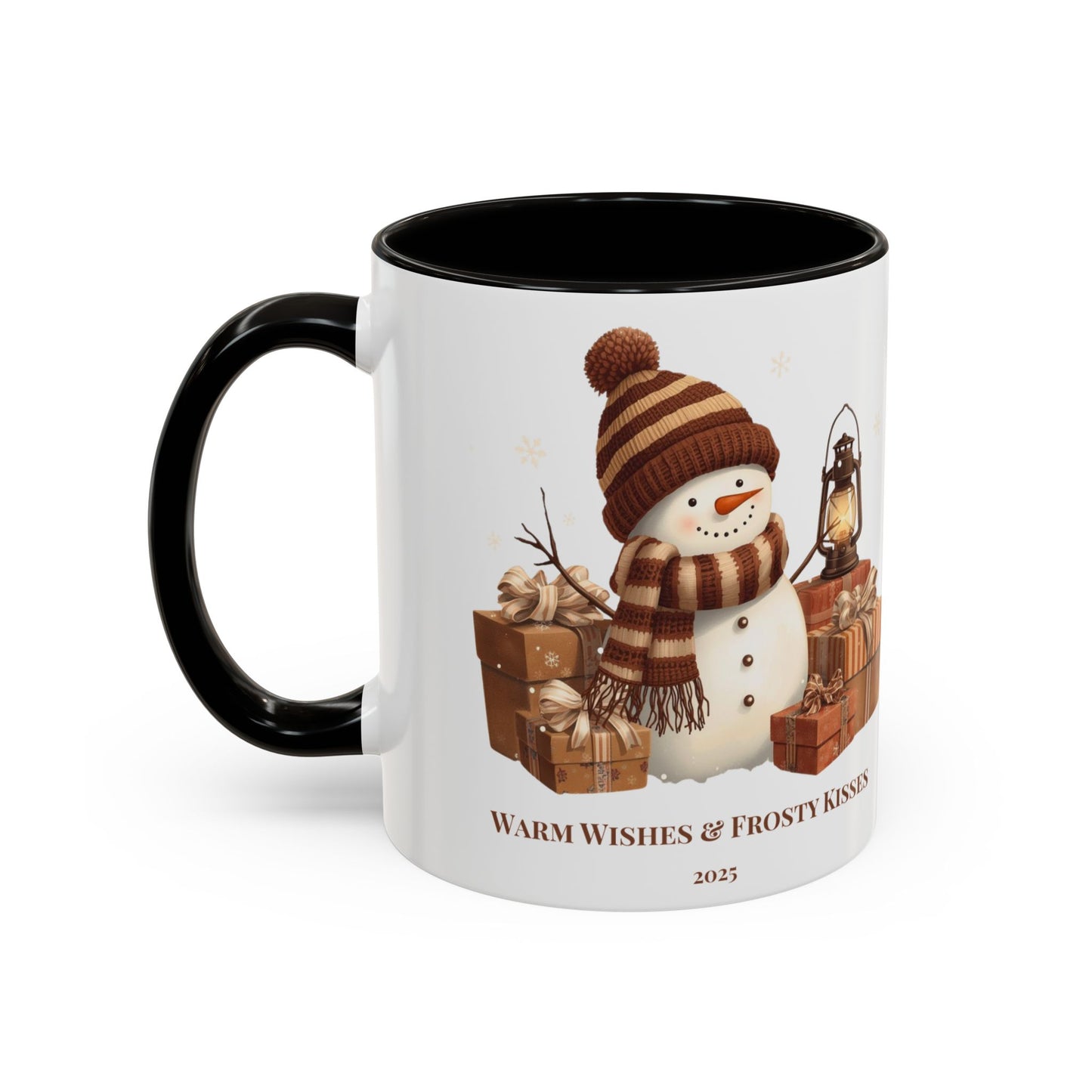 Snowman coffee mug featuring a festive design with gifts and the message 'Warm Wishes & Frosty Kisses'