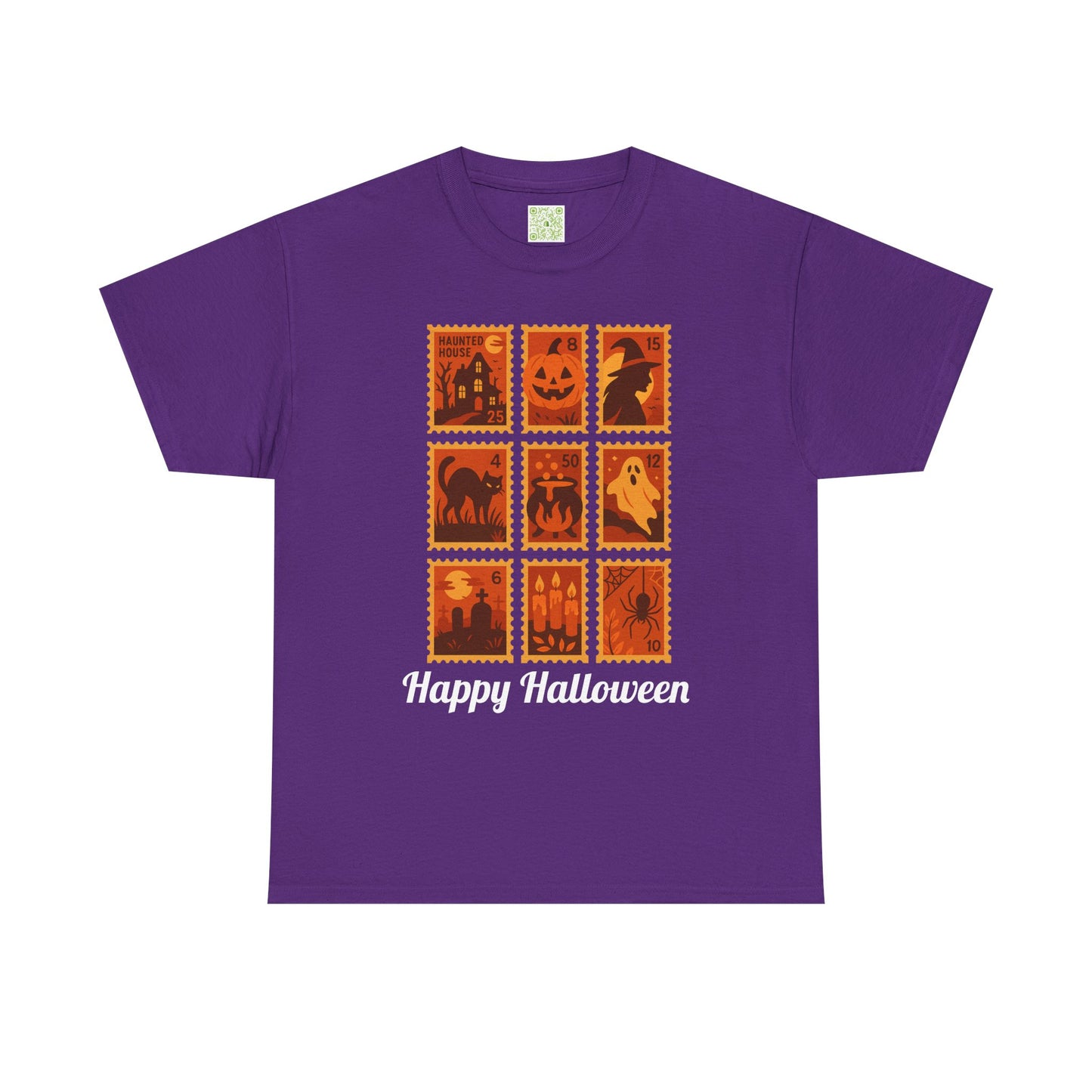 Halloween postage stamp t-shirt featuring spooky designs and 'Happy Halloween' text, perfect for fall fashion.