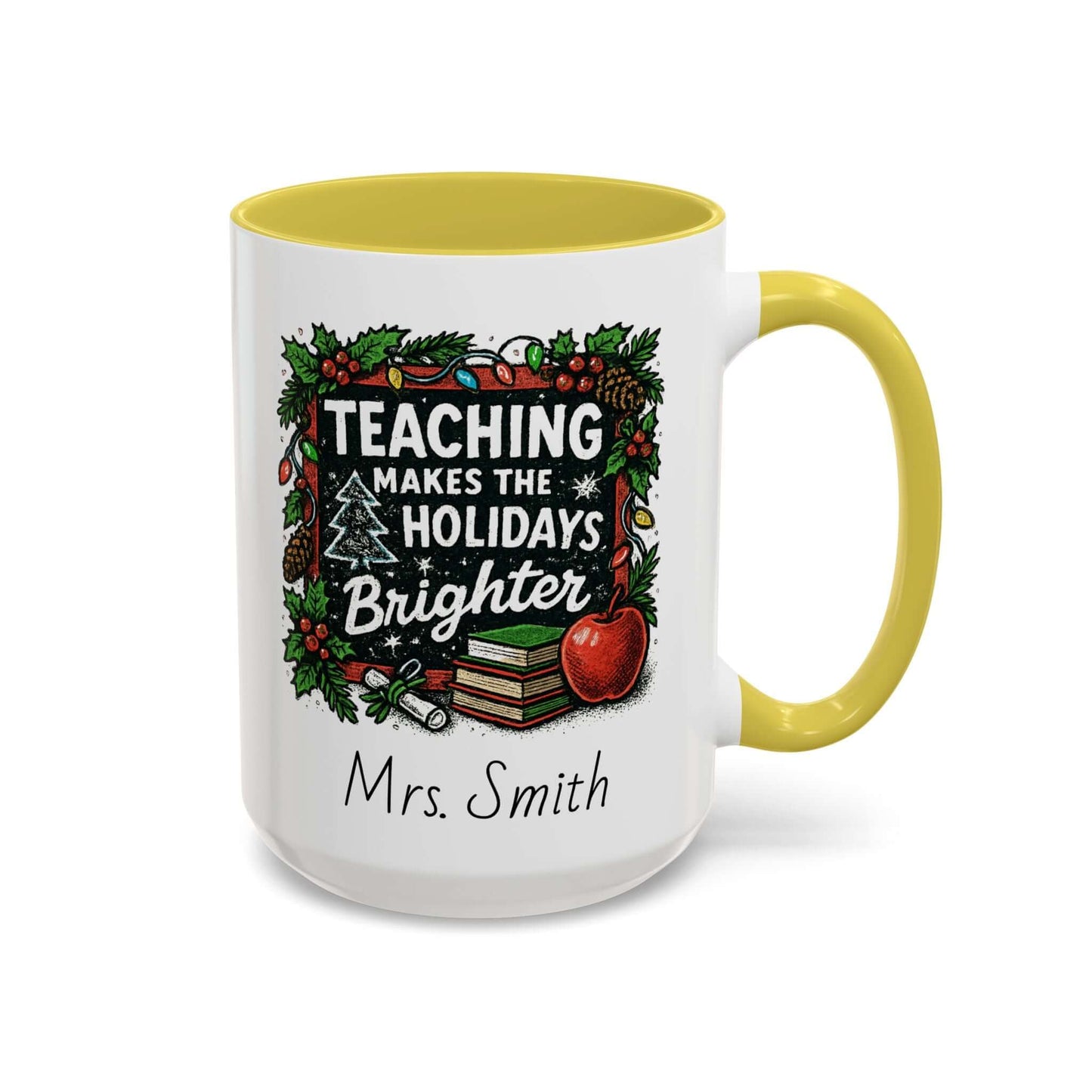 Personalized teacher holiday mug with festive design, marshmallows, and candy cane for a joyful gift.