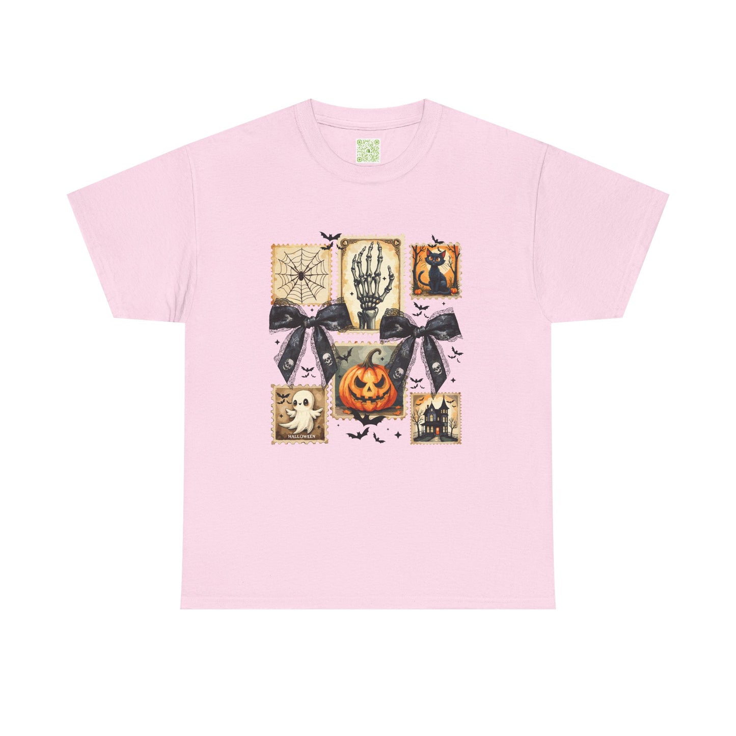 Pink Halloween themed shirt featuring playful prints of a pumpkin, skeleton, ghost, and spooky decorations.
