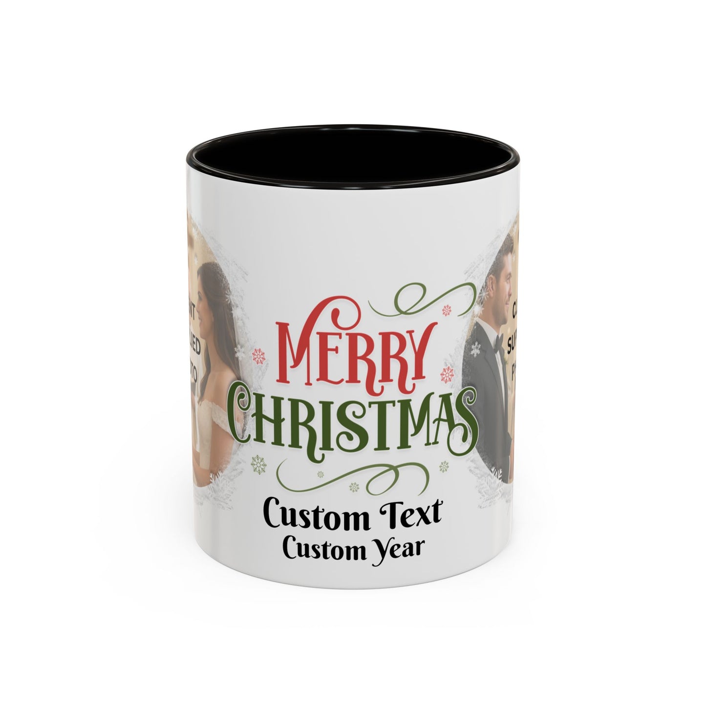 Custom Merry Christmas photo mug featuring personalized text and year, perfect holiday gift for newlyweds.