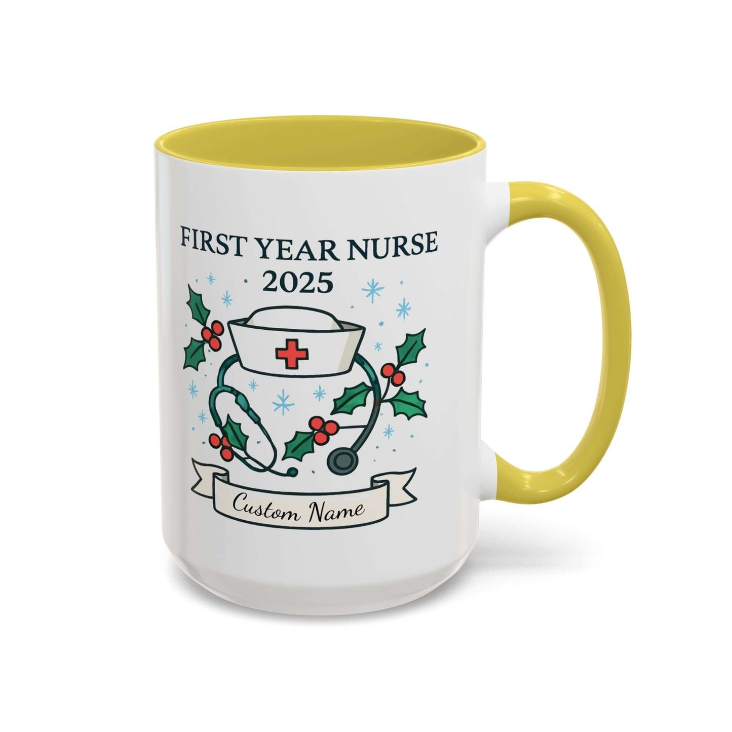Personalized first year nurse mug with festive design and customizable name for 2025 graduation.