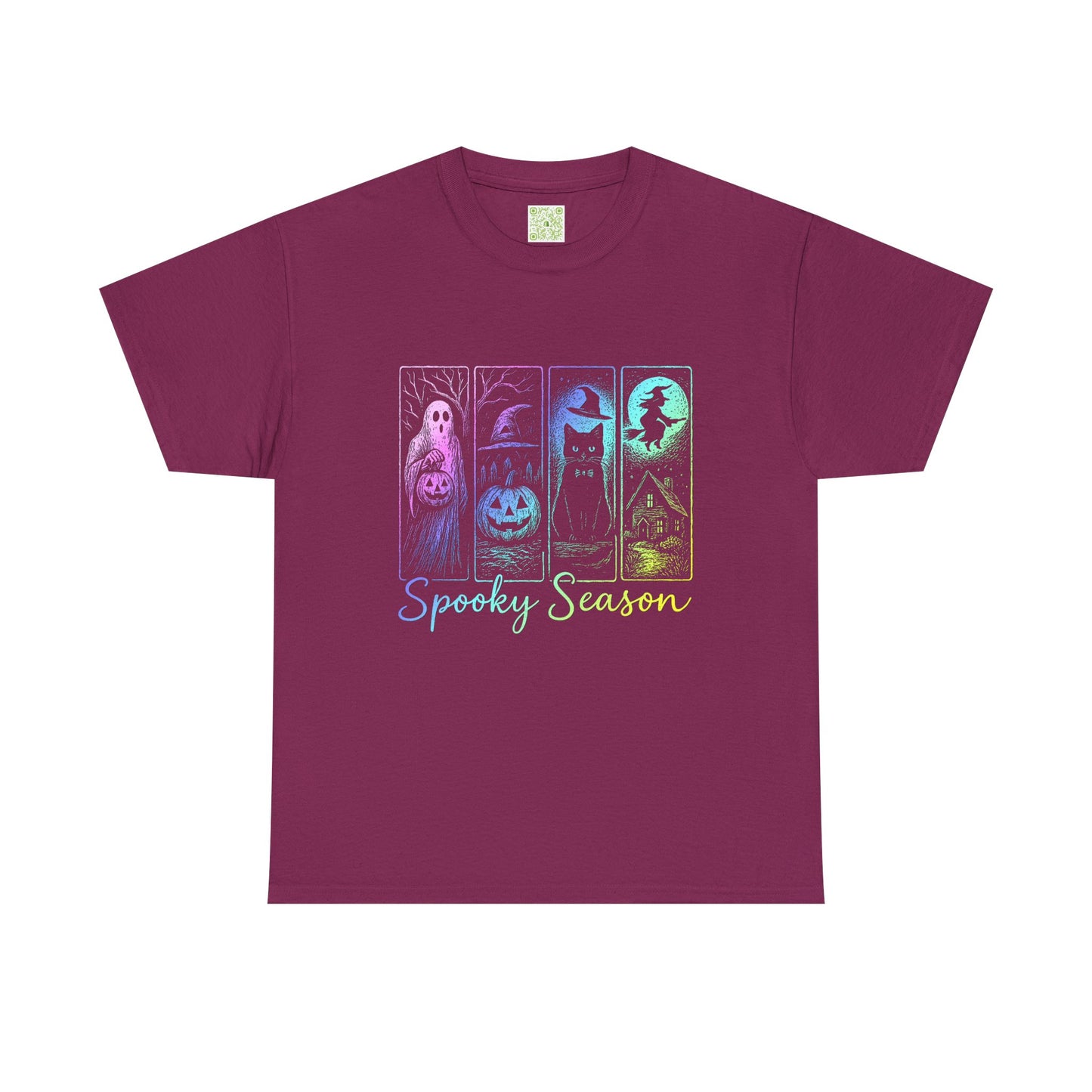 Spooky Season Halloween shirt in burgundy featuring pumpkins, ghosts, and a witch design, perfect for fall festivities.