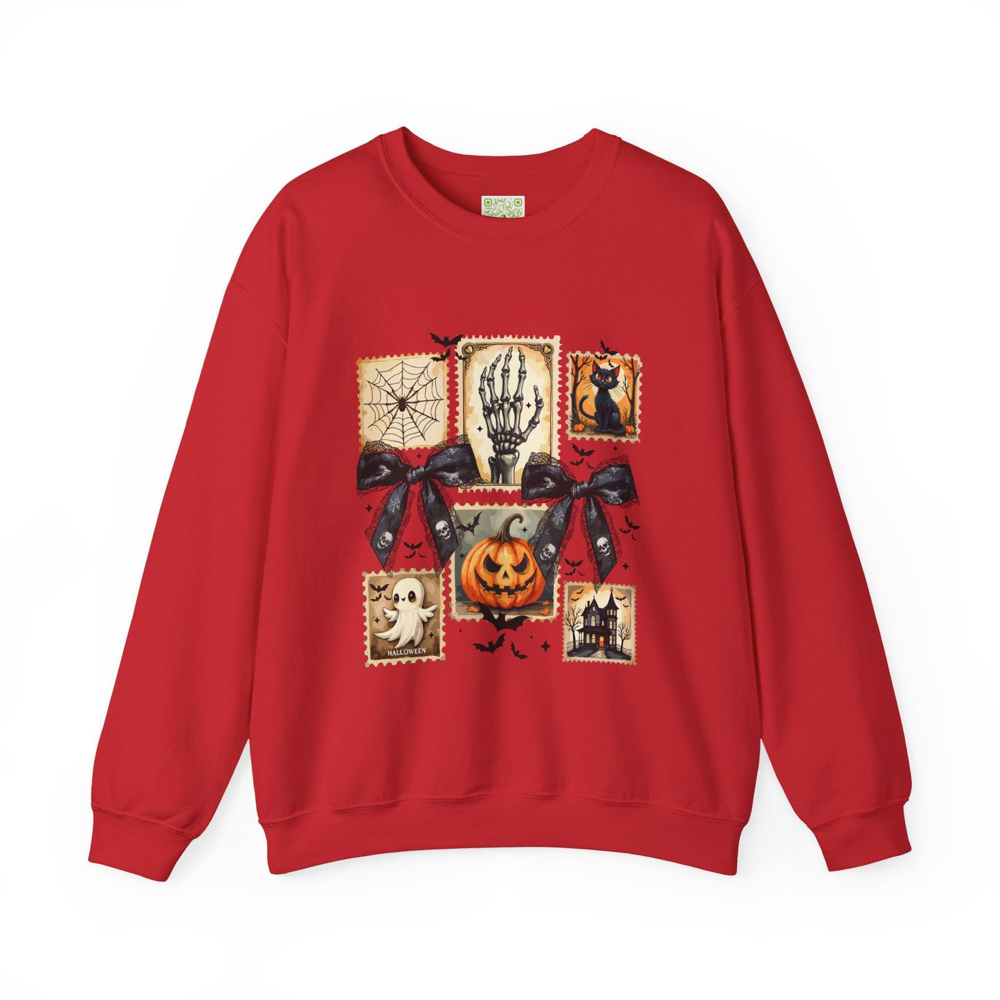 Red Halloween themed sweatshirt featuring spooky designs, perfect for autumn festivities and cozy wear.