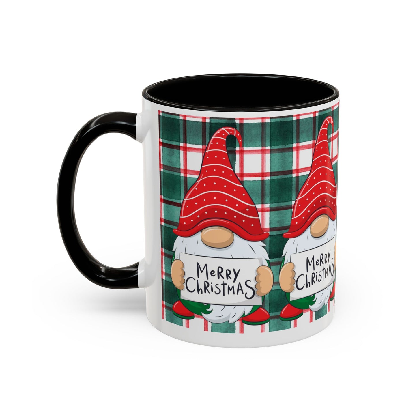 Festive Christmas gnome mug with holiday design, featuring gnomes and a plaid background.