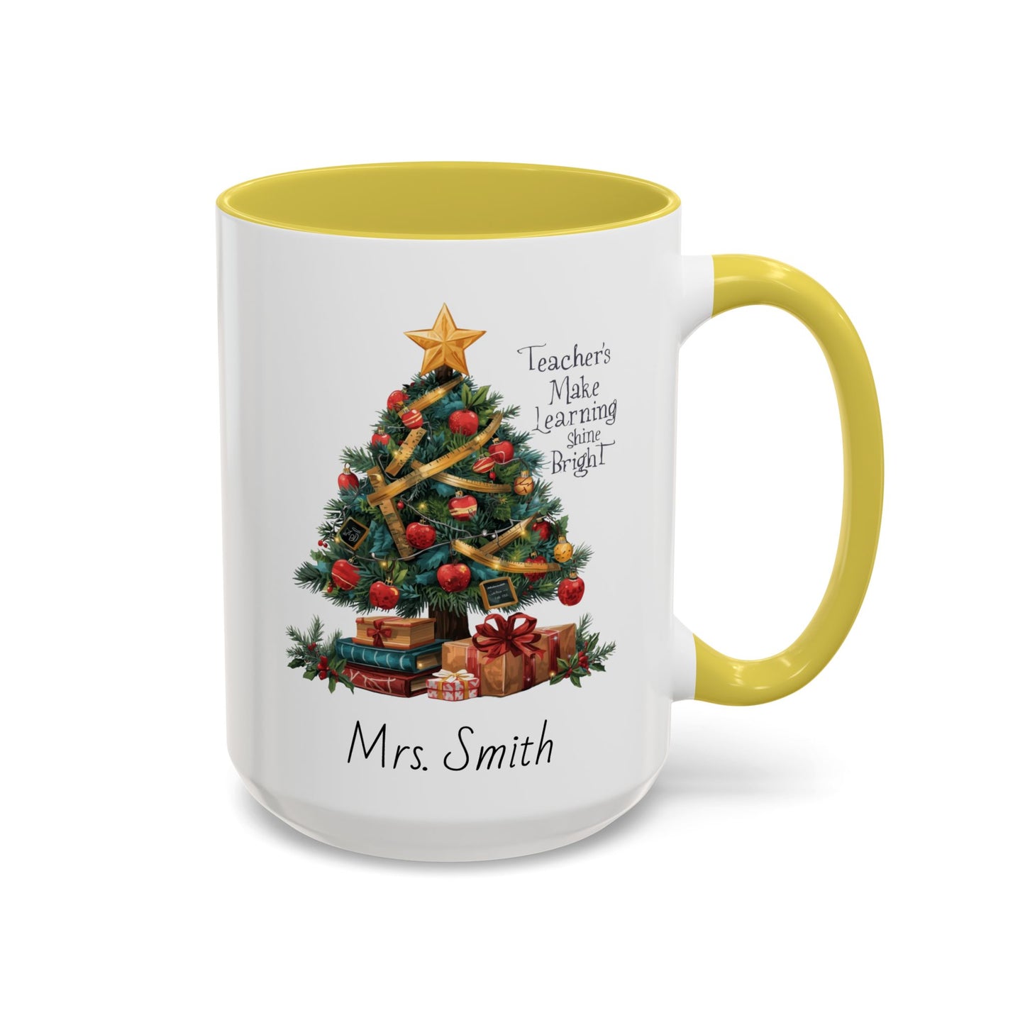 Personalized Christmas teacher mug with festive tree design, custom name, red handle, perfect holiday gift.