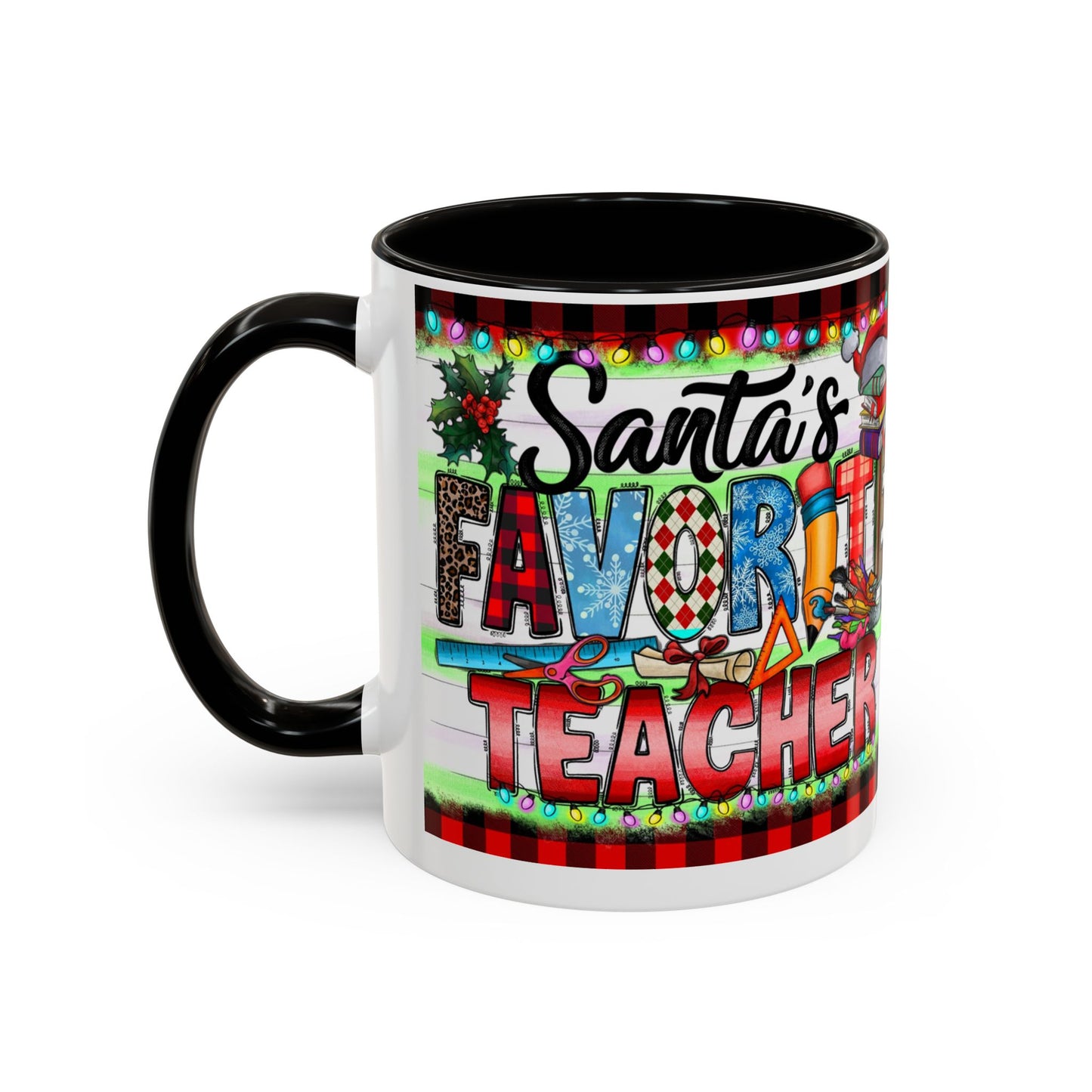 Santa's favorite teacher mug, perfect holiday gift for educators with festive design and vibrant colors.