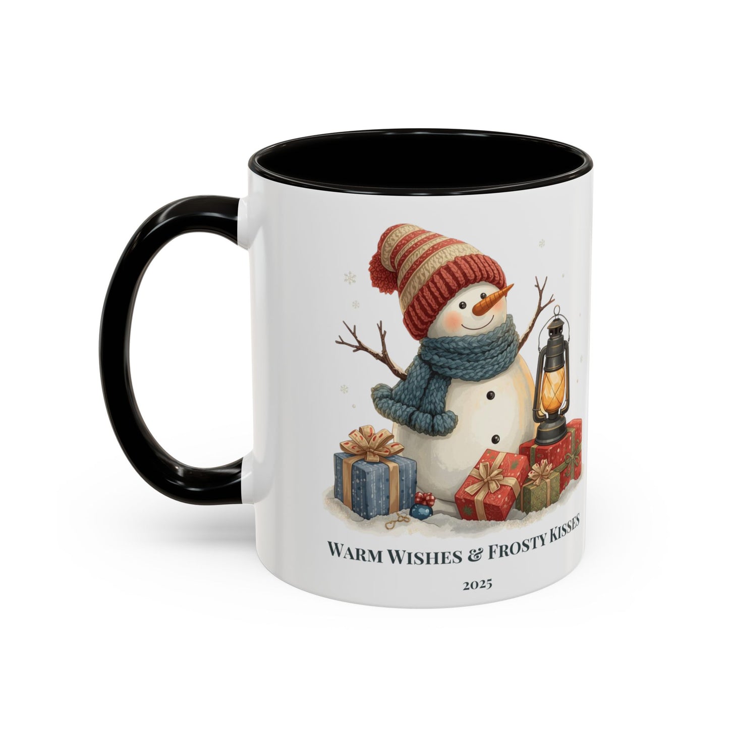 Snowman coffee mug with warm wishes and frosty kisses message, featuring a cheerful snowman and lantern design.