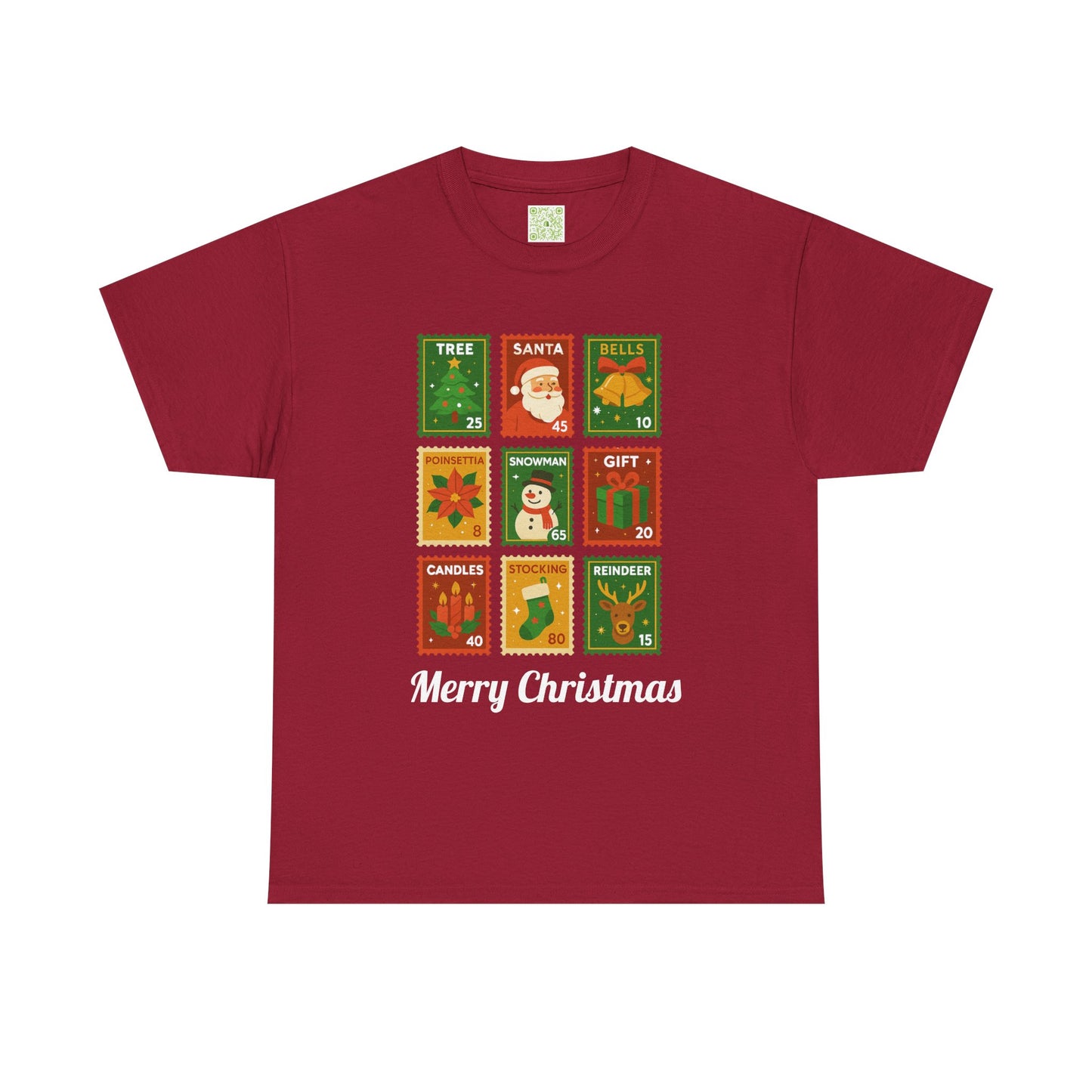 Christmas postage stamp shirt featuring festive designs and the text 'Merry Christmas'.