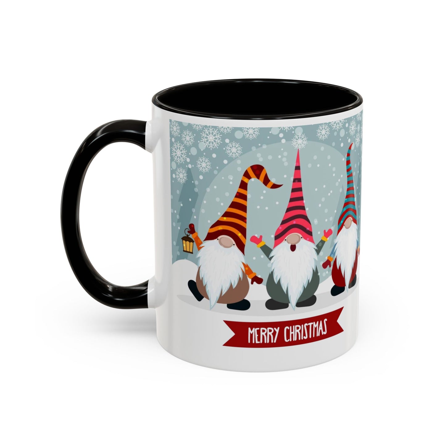 Merry Christmas gnome mug featuring colorful gnomes in festive hats, perfect for holiday coffee.