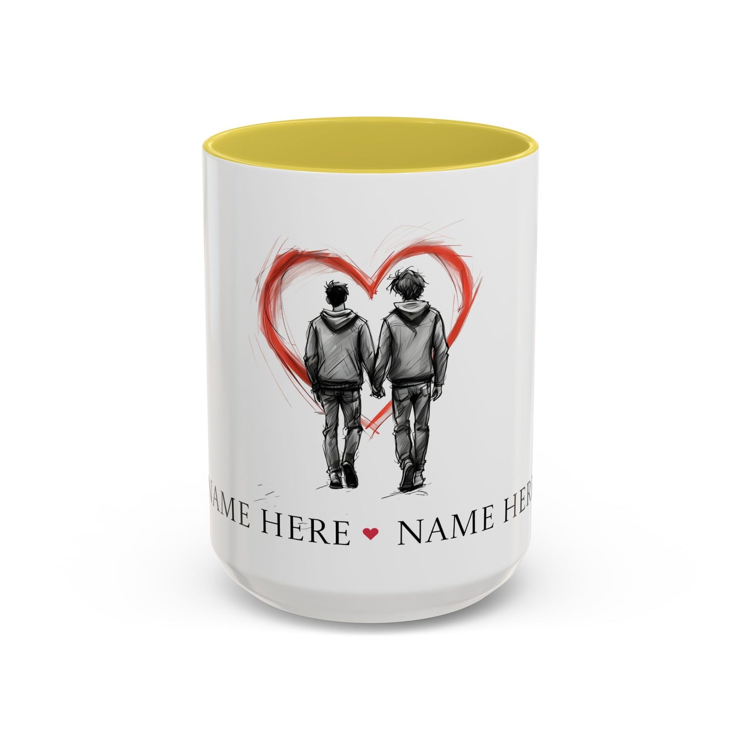 Personalized gay couple coffee mug with names, heart design, perfect for anniversaries and weddings.