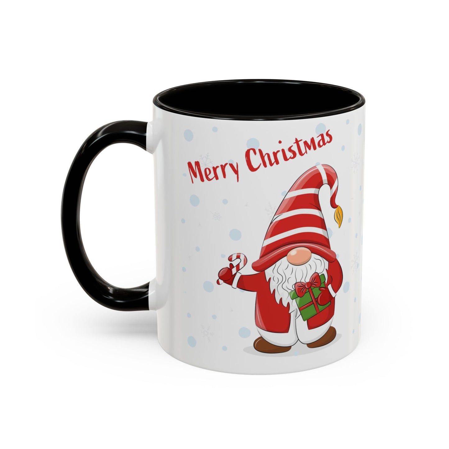 Merry Christmas gnome mug with candy cane and gift design, perfect for holiday beverages.