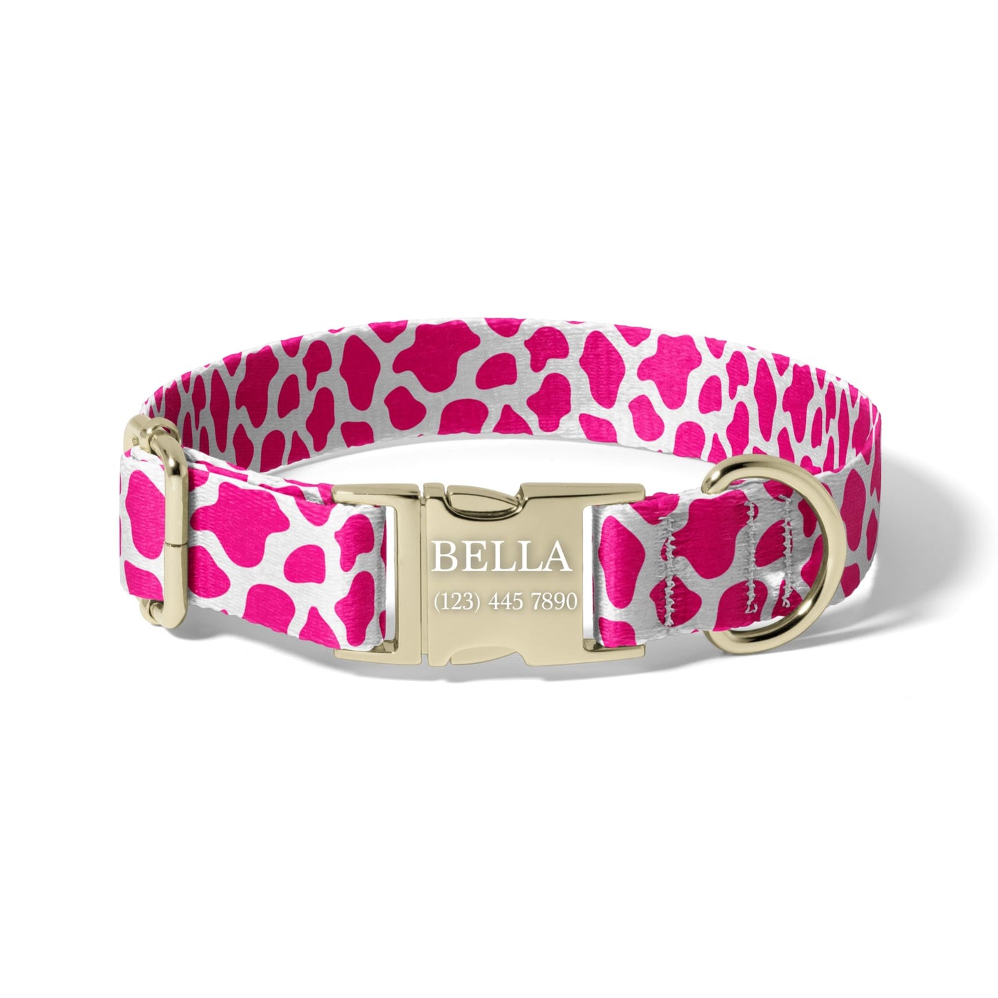 Personalized Pink Cow Print Dog Collar with Engraved Buckle, Adjustable Quick Release Collar for Girl Dogs and Puppies RET-615-01
