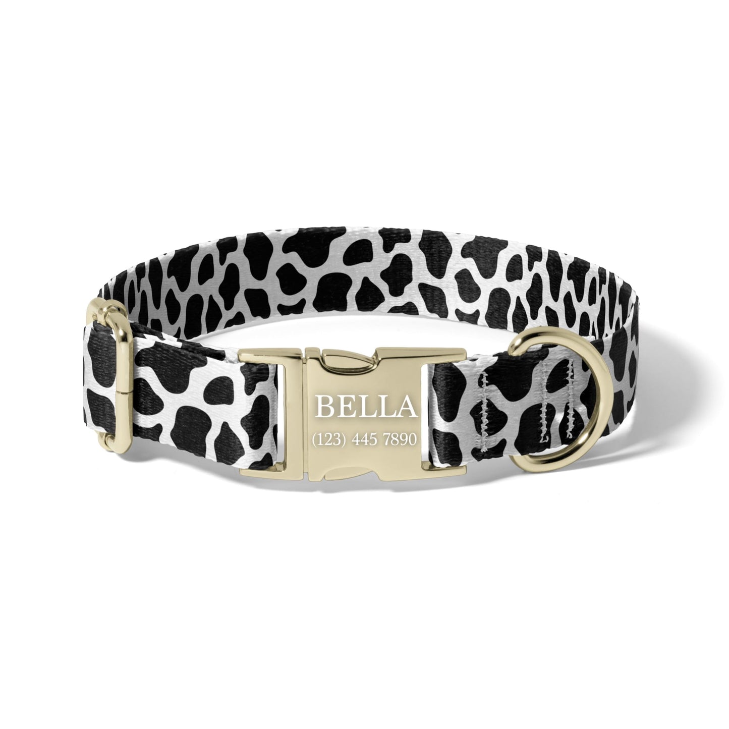 Black and White Personalized Dog Collar with Engraved Buckle, Adjustable Everyday Cow Print Collar for Dogs RET-615-06