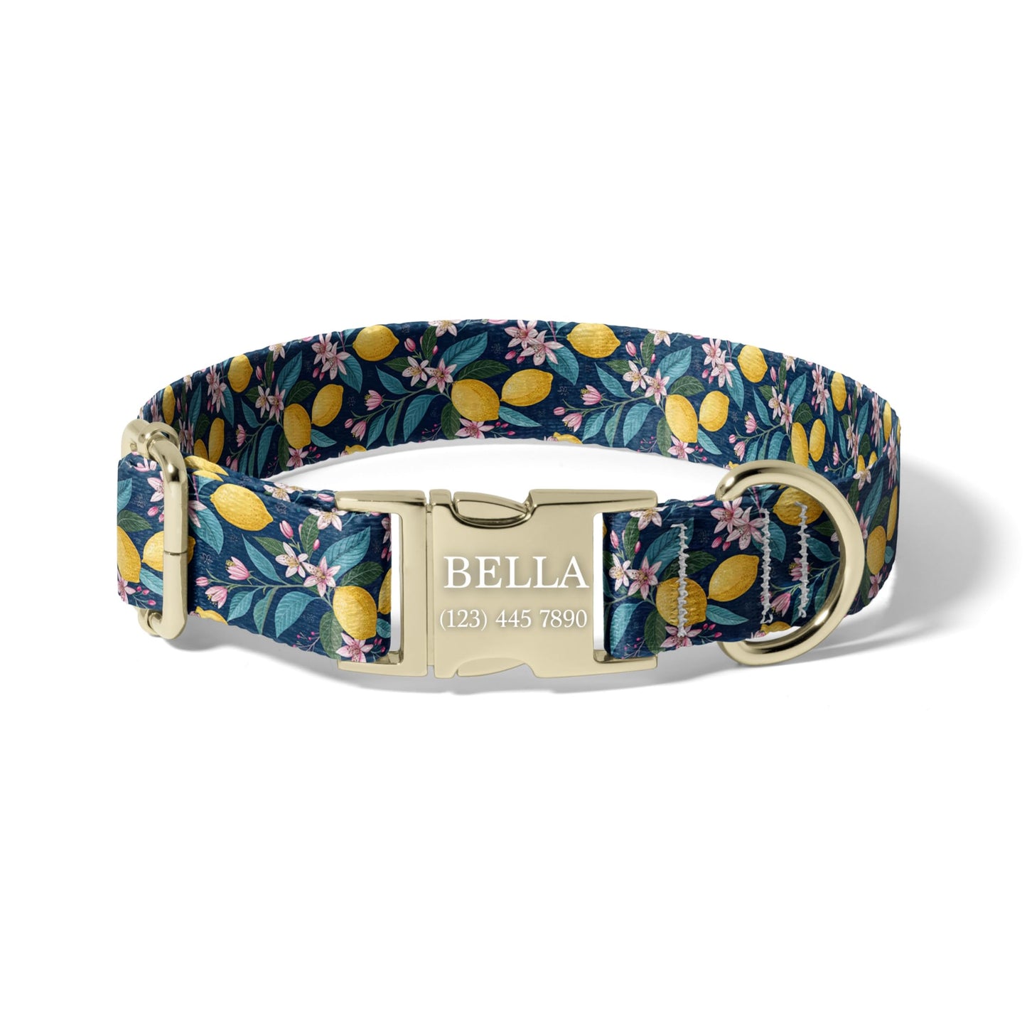 Navy Floral Lemon Personalized Dog Collar with Engraved Buckle, Adjustable Botanical Citrus Collar RET-618-05