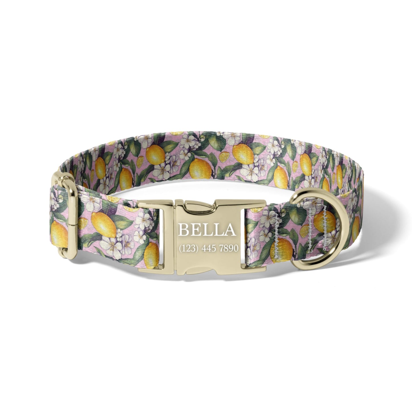 Pink Lemon Blossom Personalized Dog Collar with Engraved Buckle, Adjustable Floral Citrus Collar for Dogs RET-618-01
