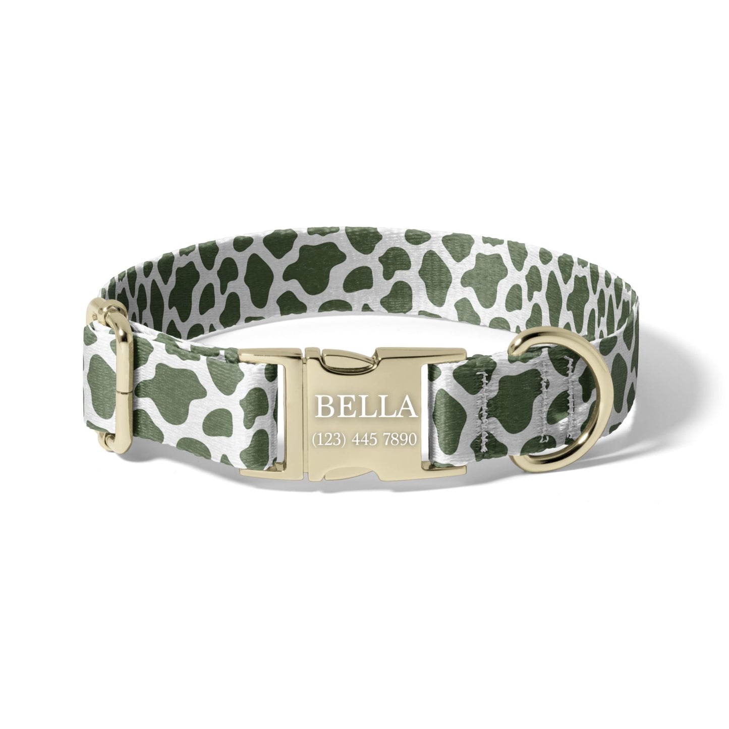 Sage Green Personalized Dog Collar with Cow Print Pattern, Durable Adjustable Collar with Engraved Quick Release Buckle RET-615-04