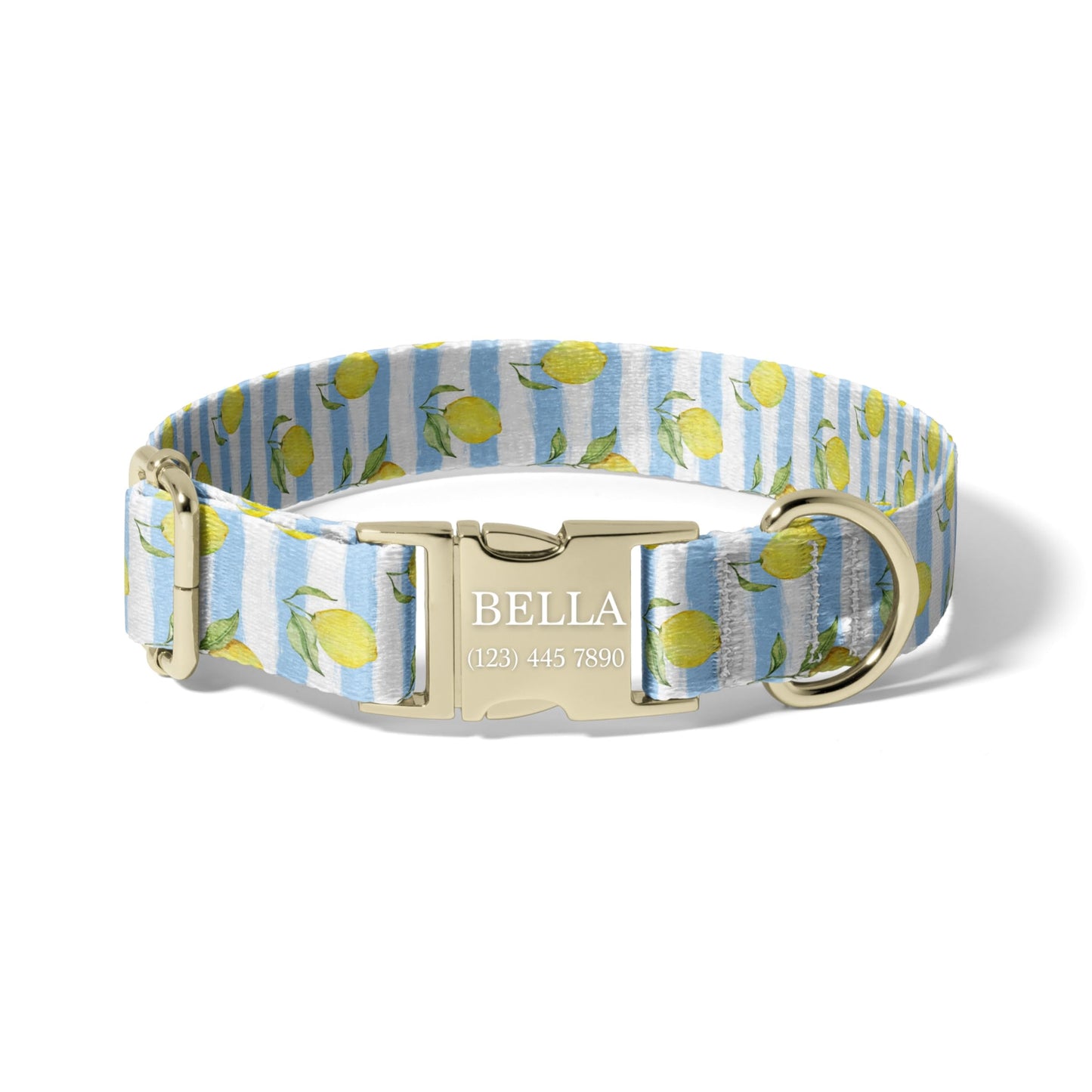 Blue Lemon Stripe Personalized Dog Collar with Laser Engraved Buckle, Coastal Adjustable Pet Collar RET-618-02