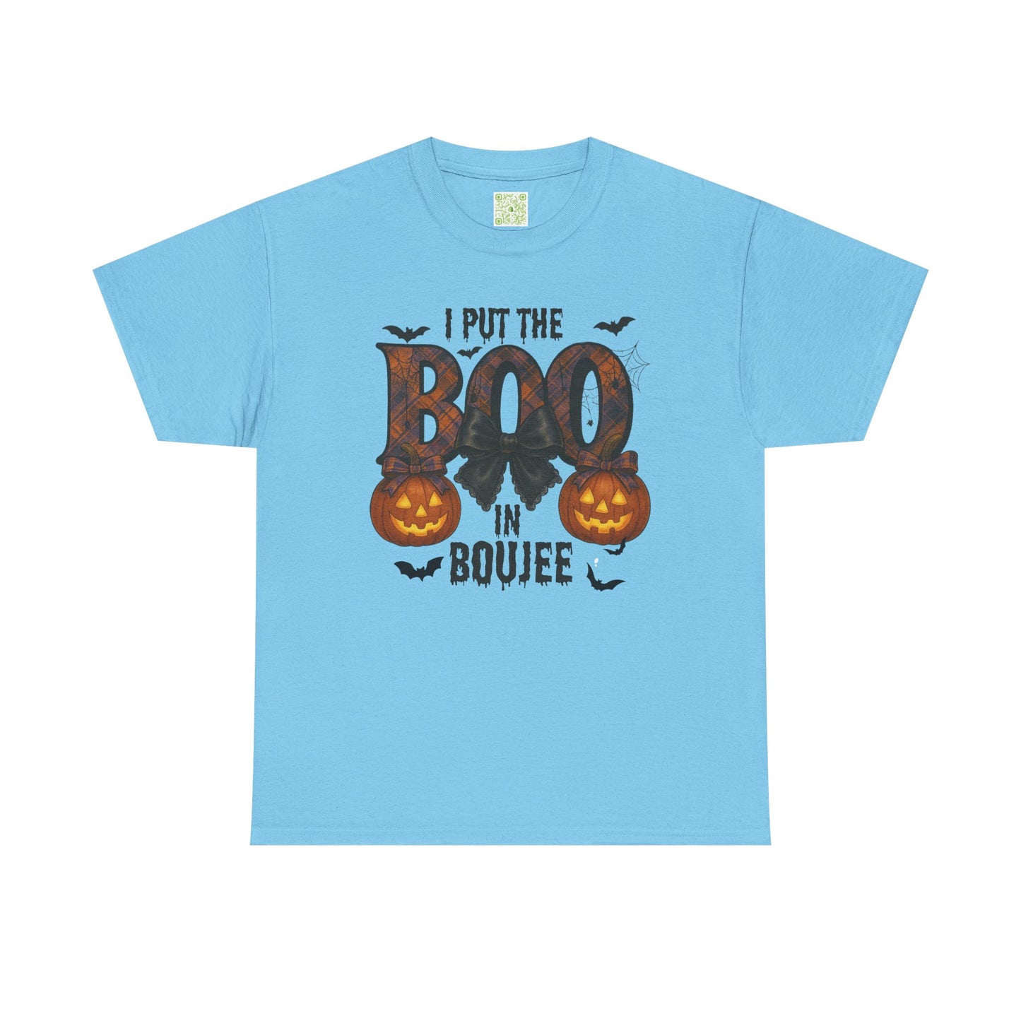 'Boo in Boujee' Halloween shirt in Texas Orange, showcasing a spooky graphic design and relaxed fit.