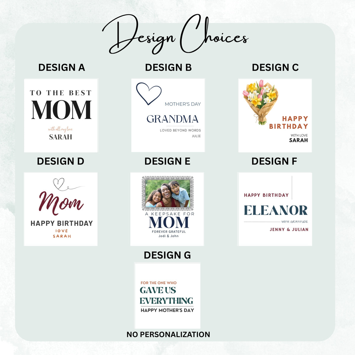 Design choices chart for the Loved Beyond Words Heart ceramic coaster collection, DESIGN A to DESIGN G