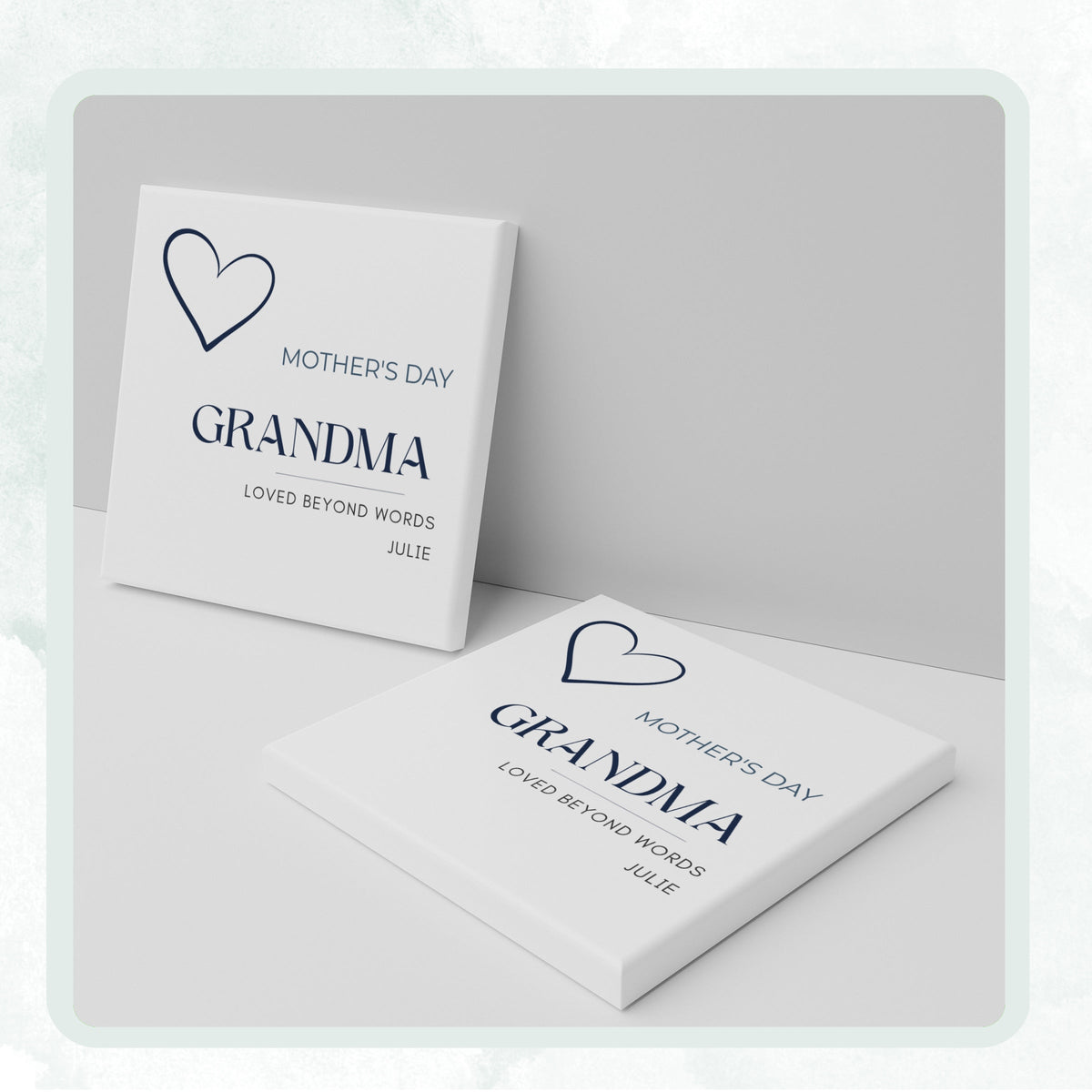 DESIGN B - Loved Beyond Words Heart personalized ceramic coaster, two coasters shown standing and lying flat