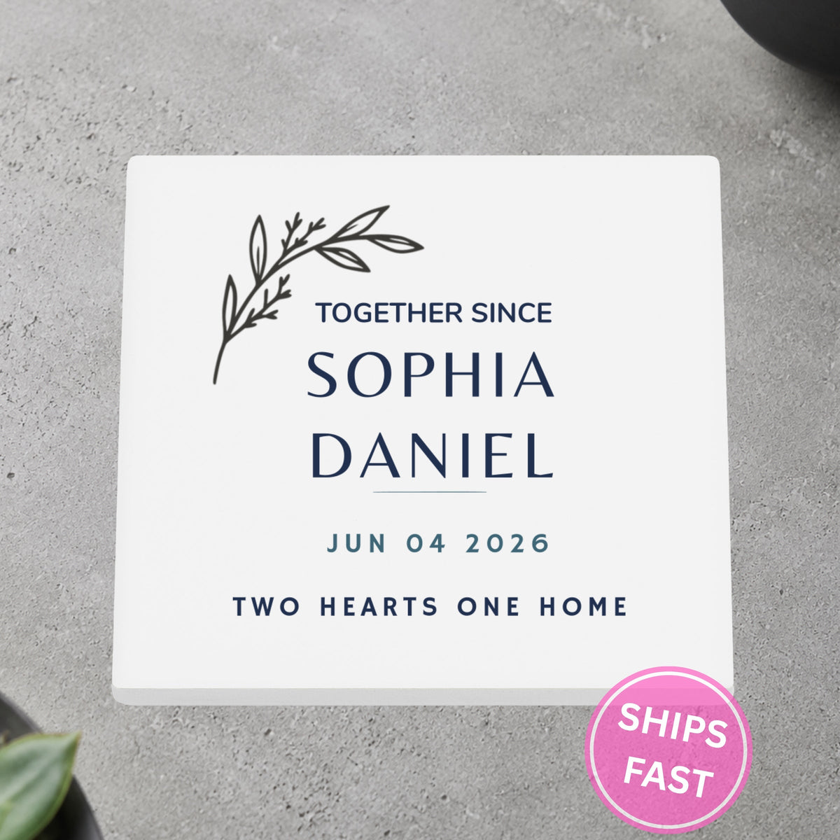 Together Since Botanical personalized ceramic coaster on a gray stone surface