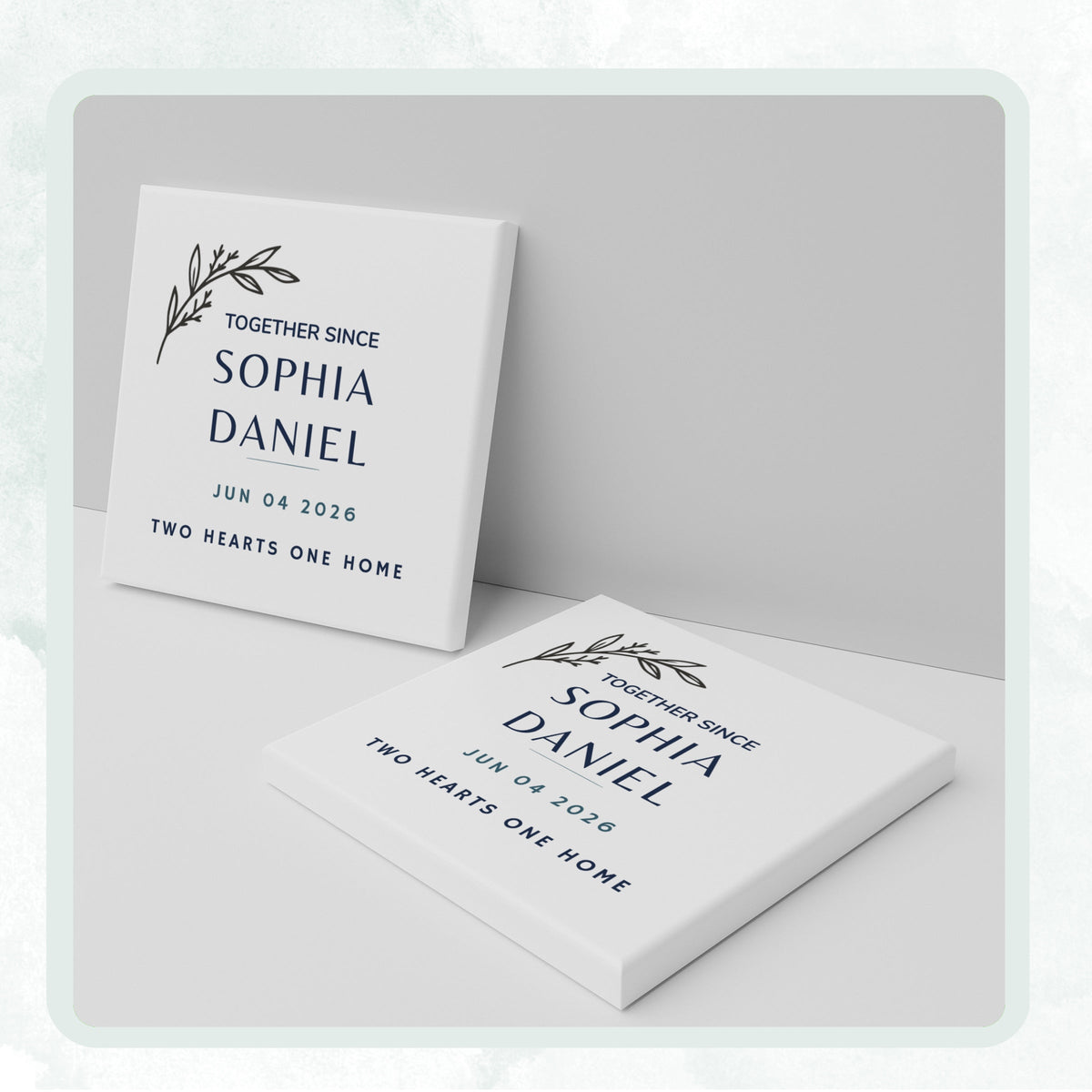 DESIGN B - Together Since Botanical personalized ceramic coaster, two coasters shown standing and lying flat