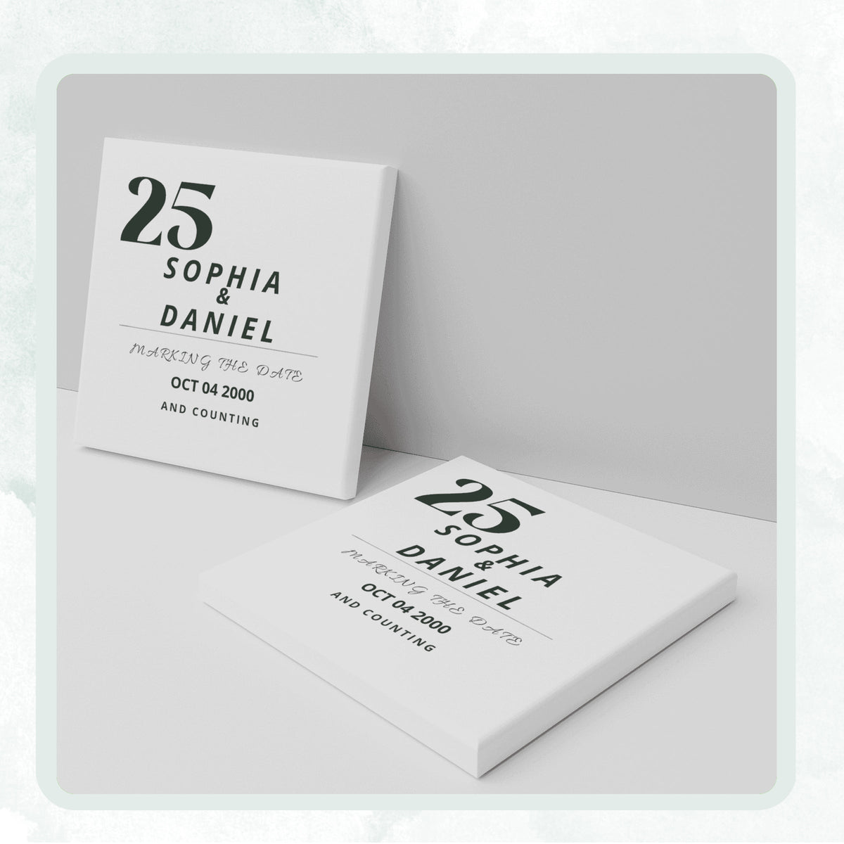DESIGN F - Marking the Date and Counting personalized ceramic coaster, two coasters shown standing and lying flat