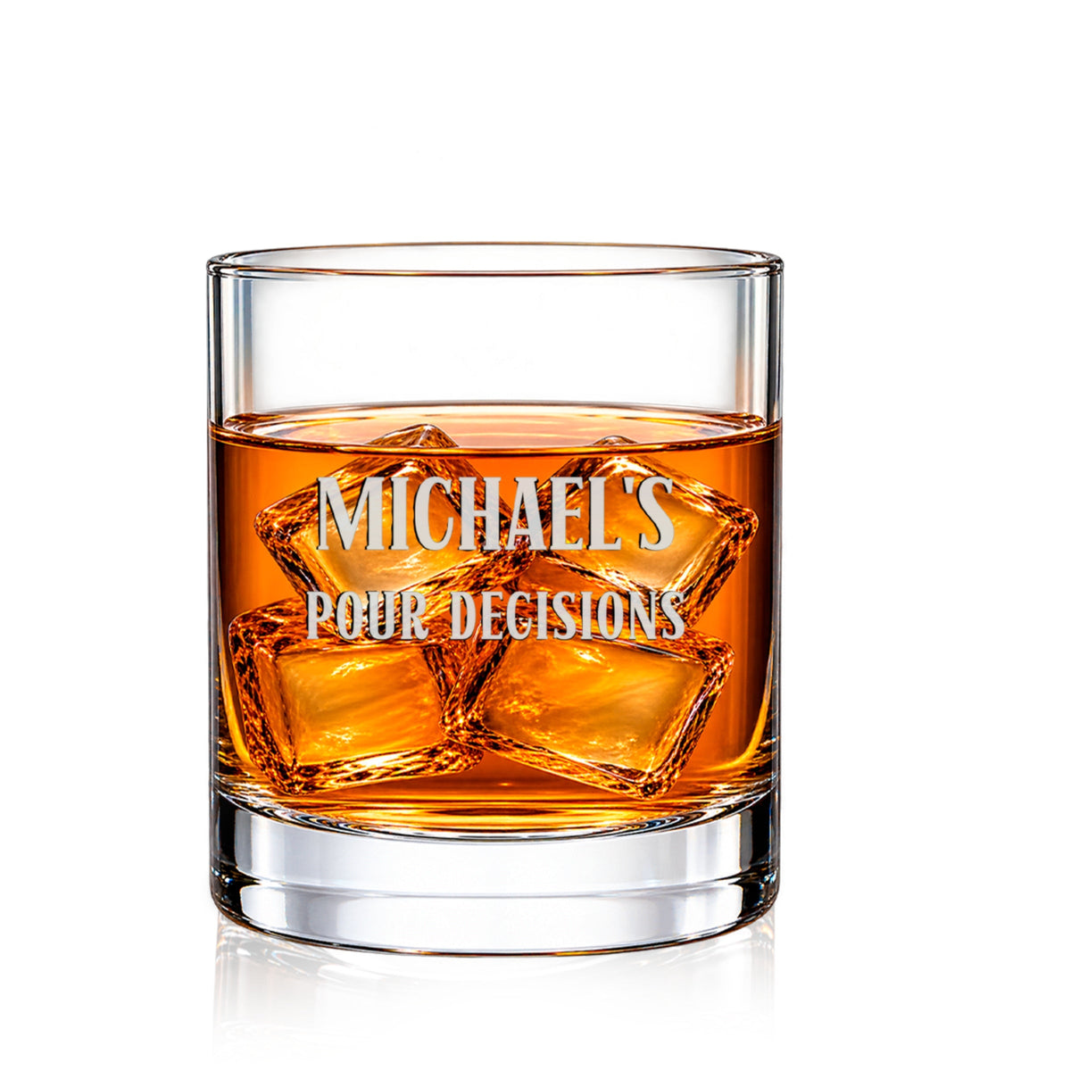 DESIGN F - Pour Decisions personalized engraved whiskey glass with whiskey and ice on a white background