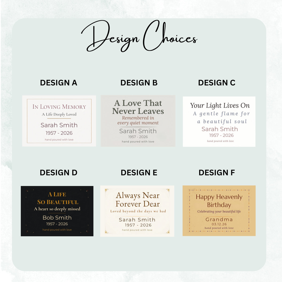 Design choices chart of DESIGN A to F frosted candle labels, including Happy Heavenly Birthday