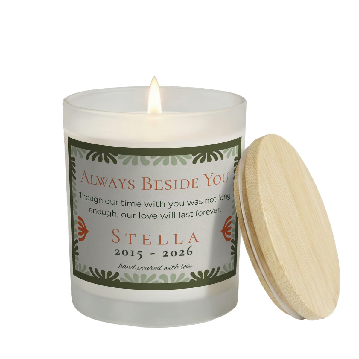 Always Beside You personalized frosted candle, lit with the bamboo lid set aside, on a white background