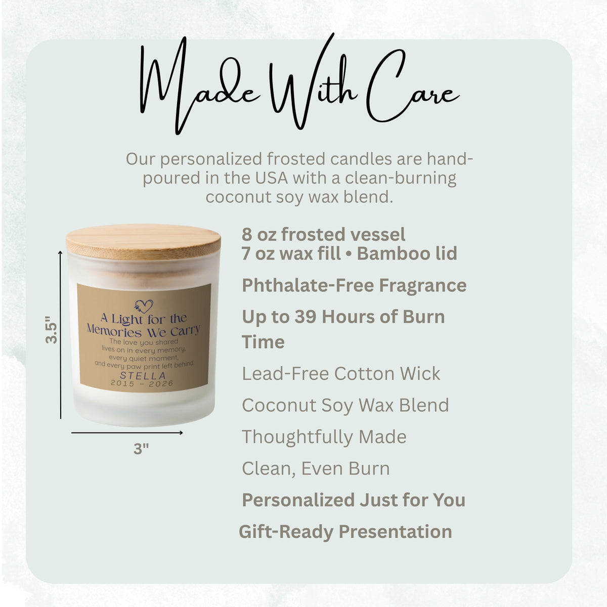 Product details and size diagram for the Every Paw Print Left Behind personalized frosted candle