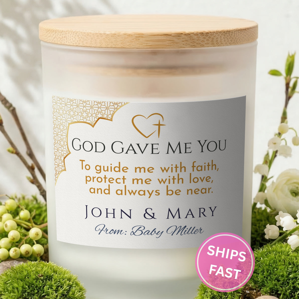 God Gave Me You personalized frosted candle with bamboo lid in a lifestyle scene with greenery