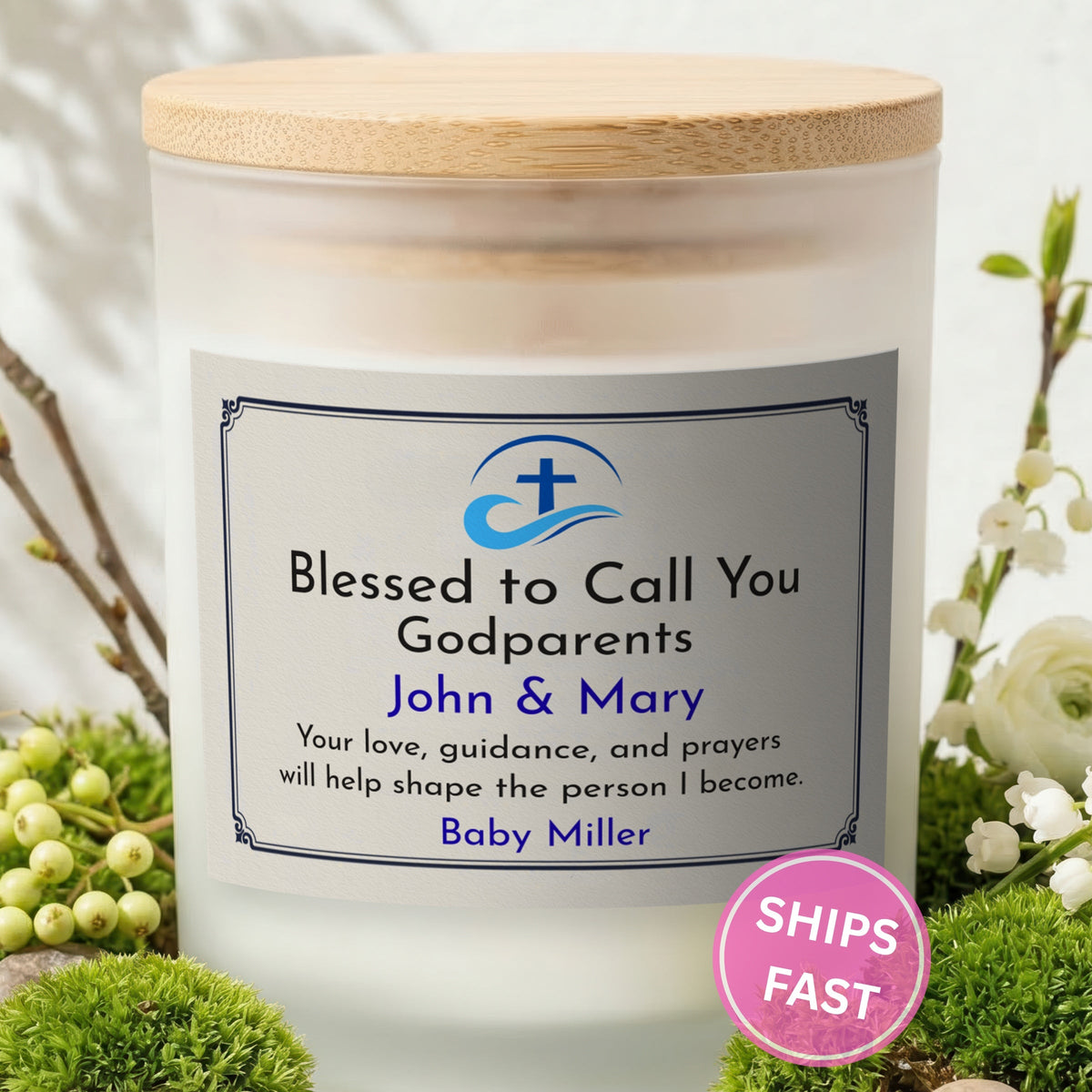 Blessed to Call You Godparents personalized frosted candle with bamboo lid in a lifestyle scene with greenery