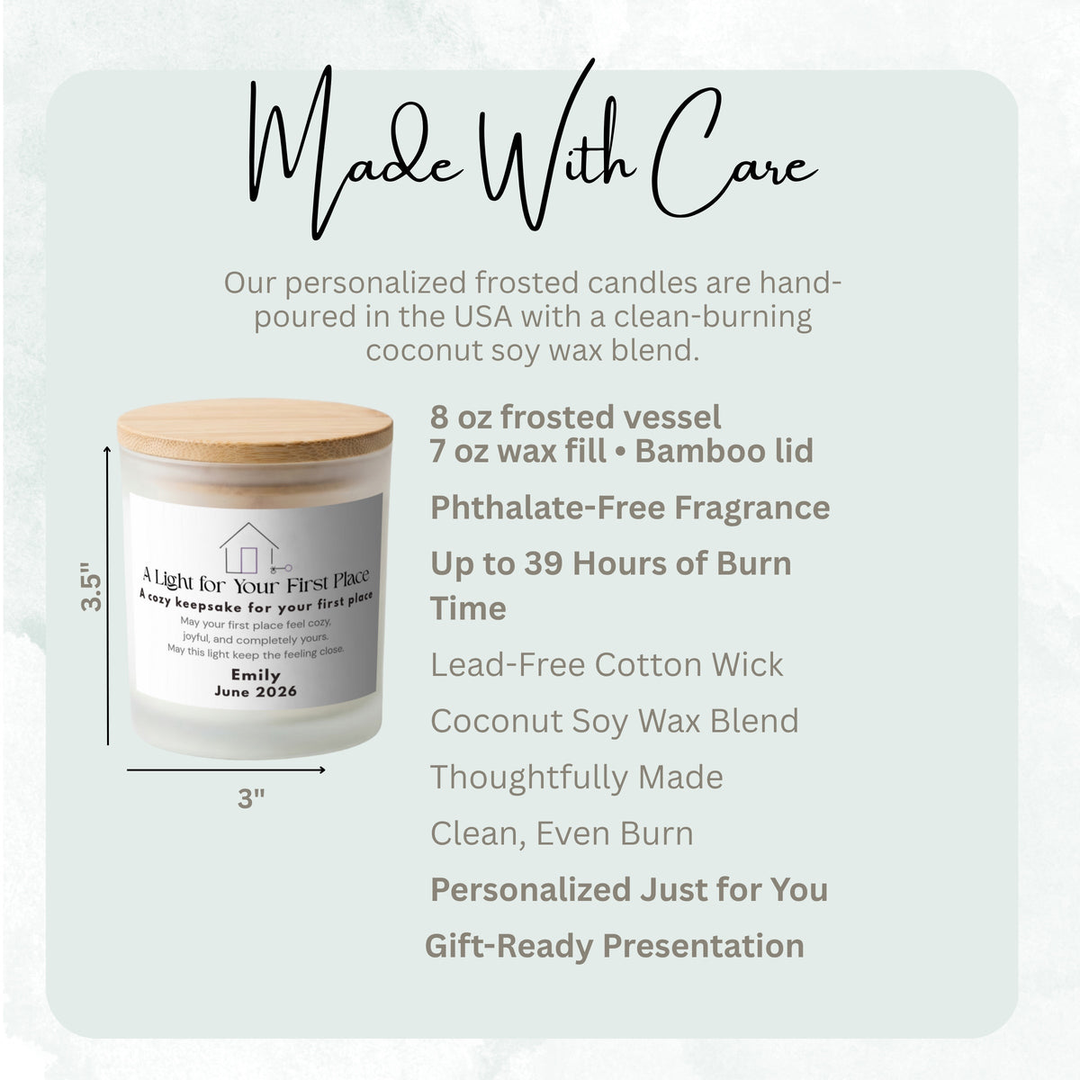 Product details and size diagram for A Light for Your First Place personalized frosted candle