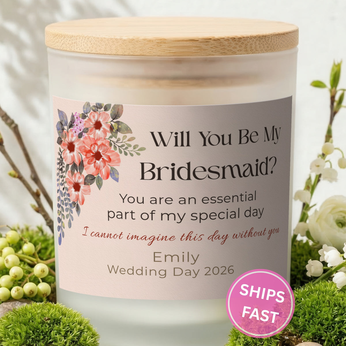Essential Part of My Special Day personalized frosted candle with bamboo lid in a lifestyle scene with greenery
