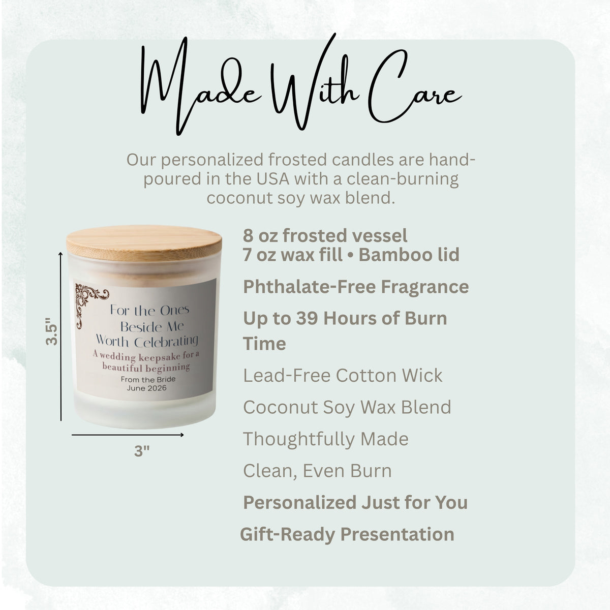Product details and size diagram for the For the Ones Beside Me personalized frosted candle