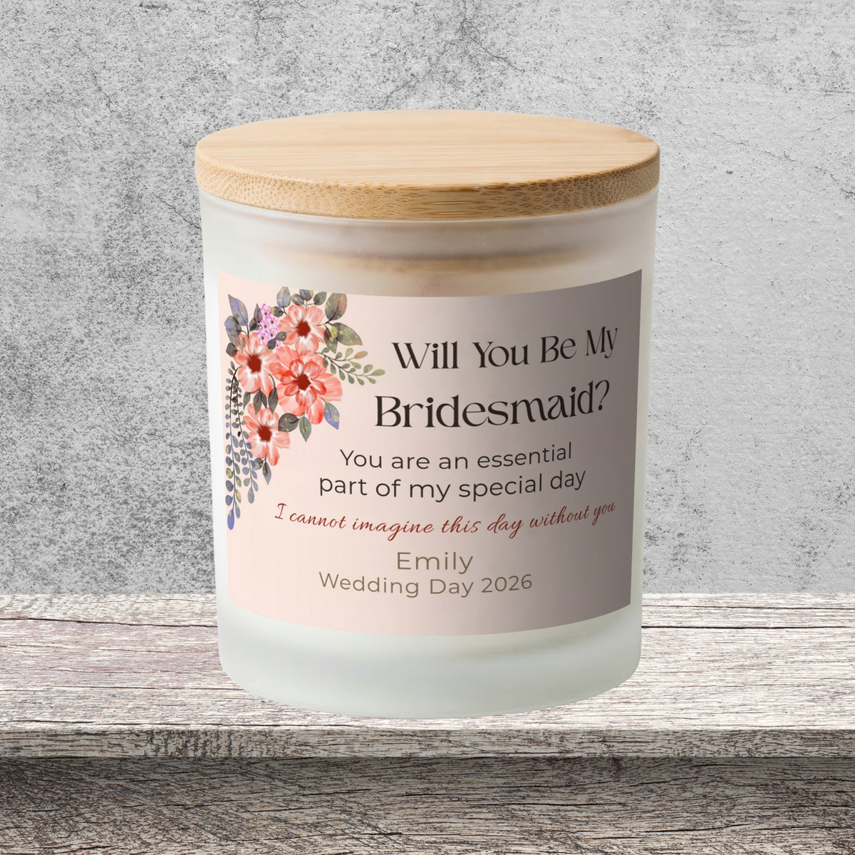 DESIGN A - Essential Part of My Special Day personalized frosted candle on a stone backdrop