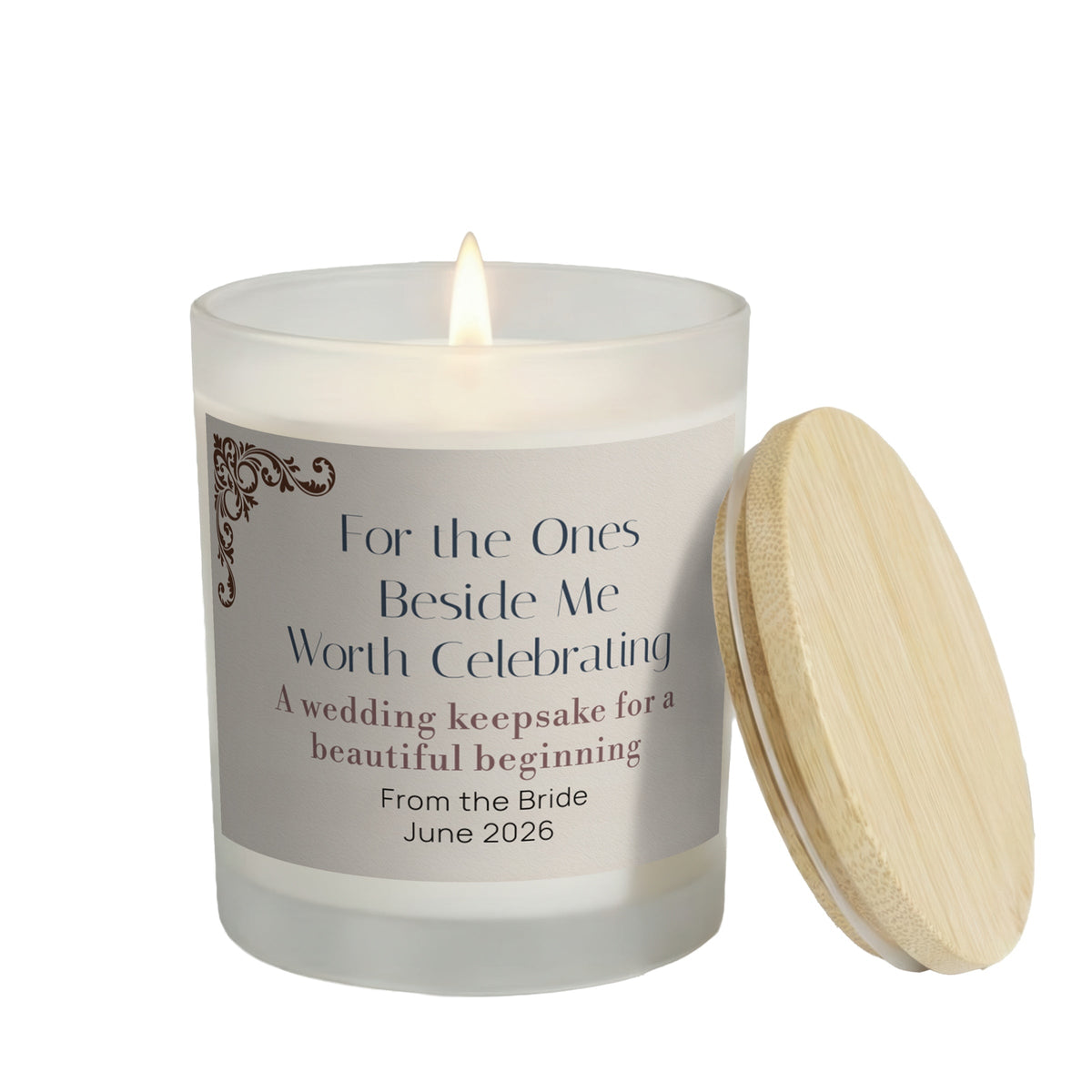For the Ones Beside Me personalized frosted candle, lit with the bamboo lid set aside, on a white background
