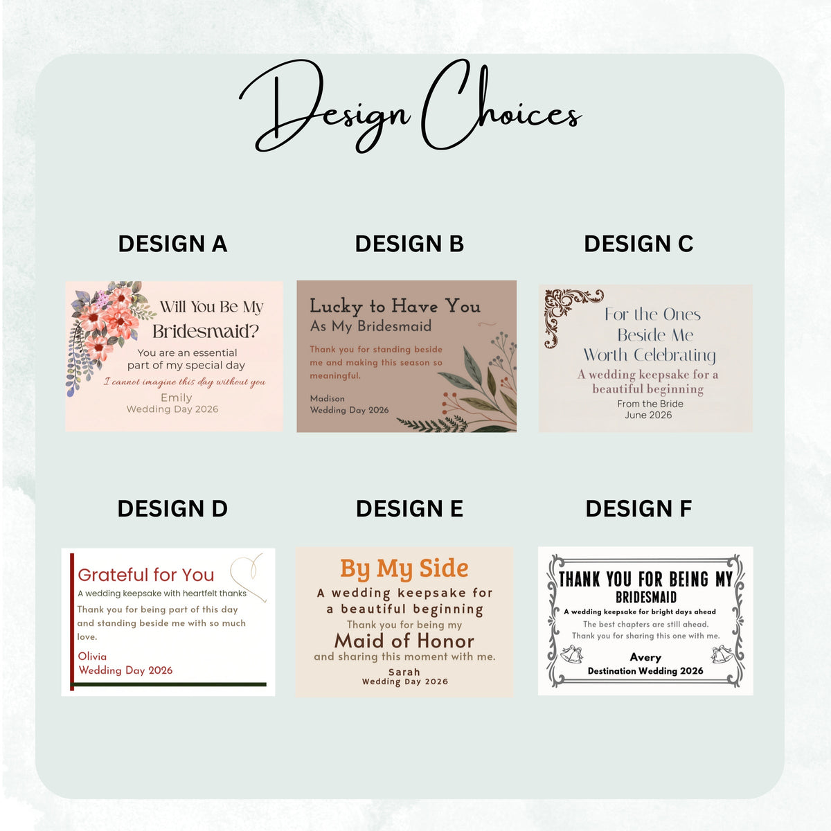 Design choices chart of DESIGN A to F frosted candle labels, including By My Side