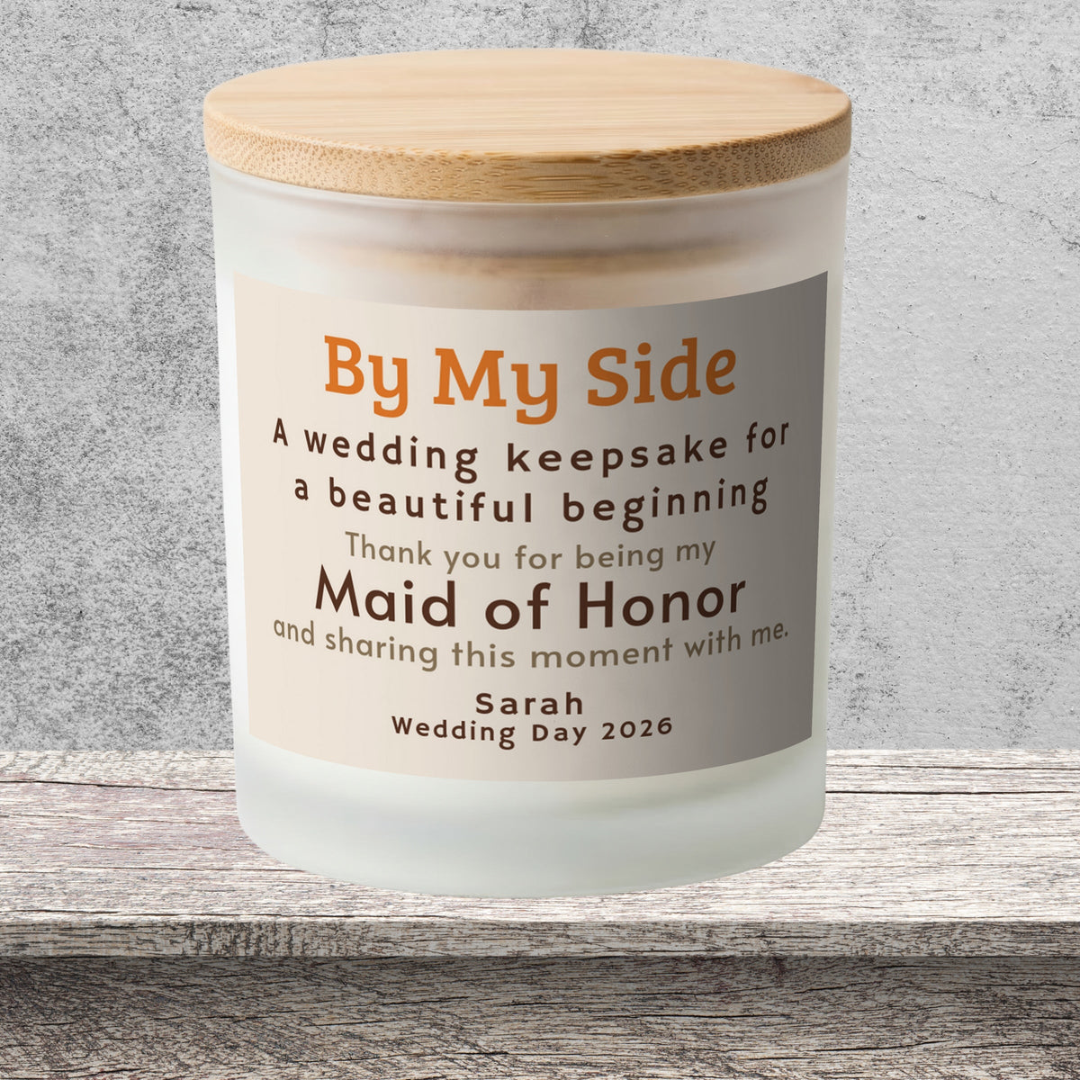 DESIGN E - By My Side personalized frosted candle on a stone backdrop