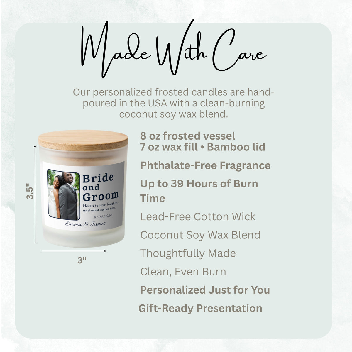 Product details and size diagram for the Here's to Love and Laughter personalized frosted candle