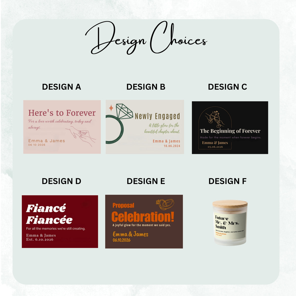Design choices chart of DESIGN A to F frosted candle labels, including All the Memories We're Still Creating