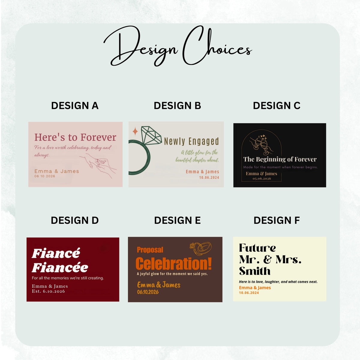 Design choices chart of DESIGN A to F frosted candle labels, including Here Is to What Comes Next