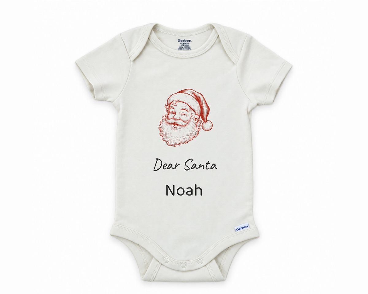 DESIGN B - Dear Santa personalized baby bodysuit, the winking Dear Santa lead design on white