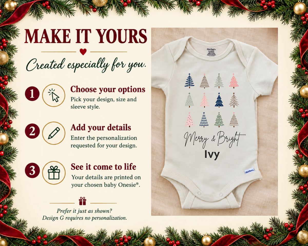 Make it yours steps shown beside the Merry & Bright Christmas trees personalized baby bodysuit