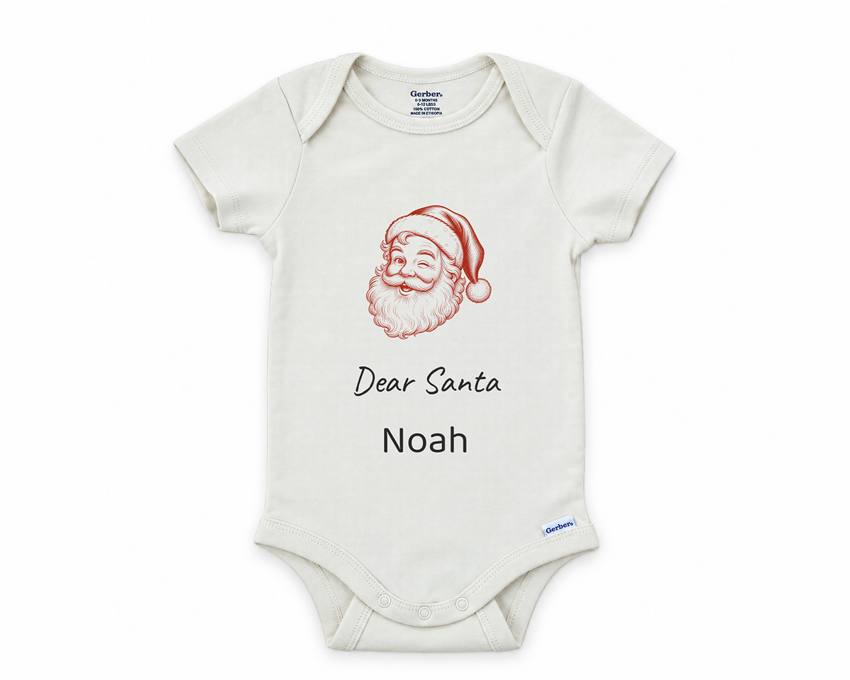 DESIGN B - Dear Santa personalized baby bodysuit design on a white background
