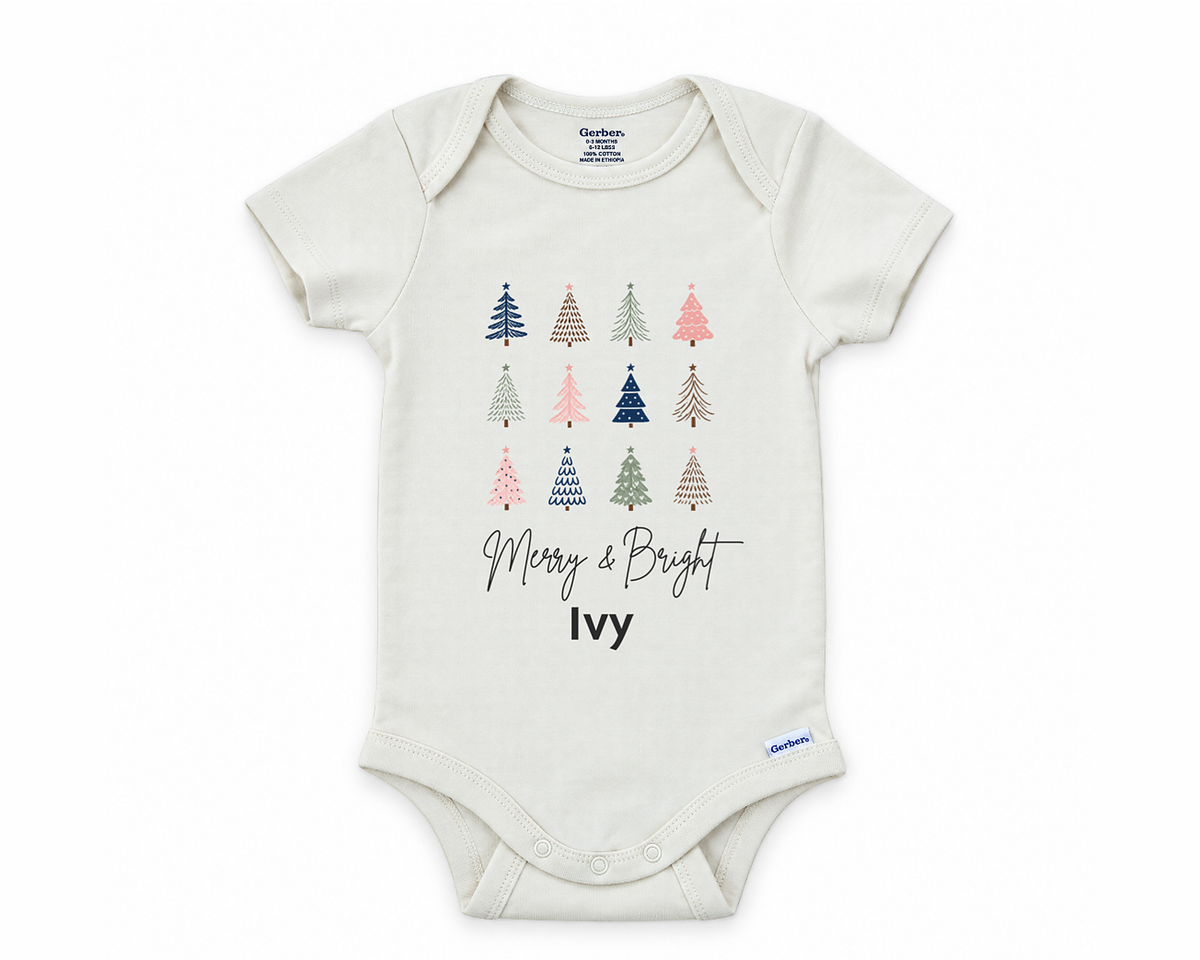 DESIGN C - Merry & Bright Trees personalized baby bodysuit design on a white background
