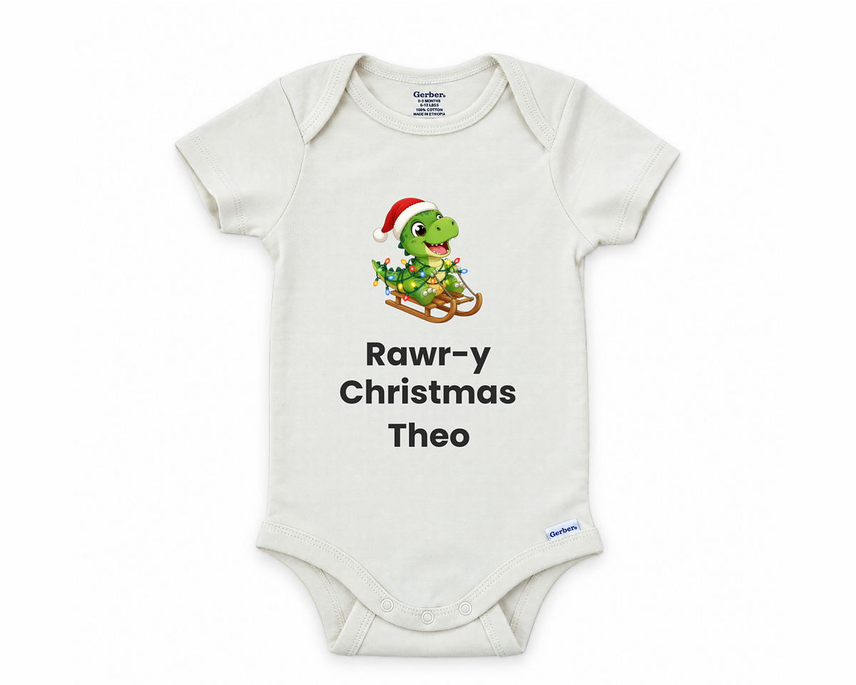 DESIGN D - Rawr-y Christmas Dino personalized baby bodysuit, the Rawr-y Christmas T-rex lead design on white