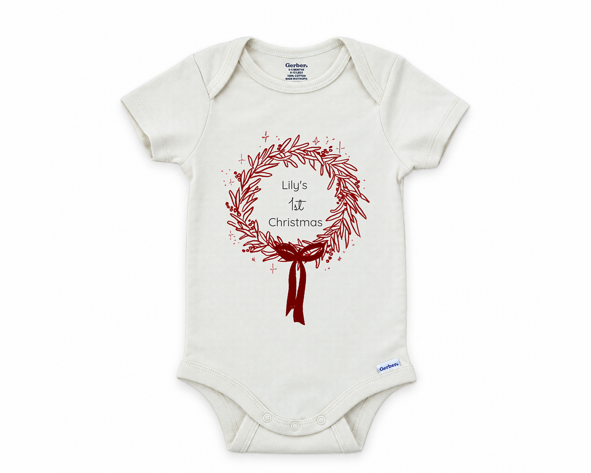DESIGN F - 1st Christmas Wreath personalized baby bodysuit, the 1st Christmas wreath lead design on white